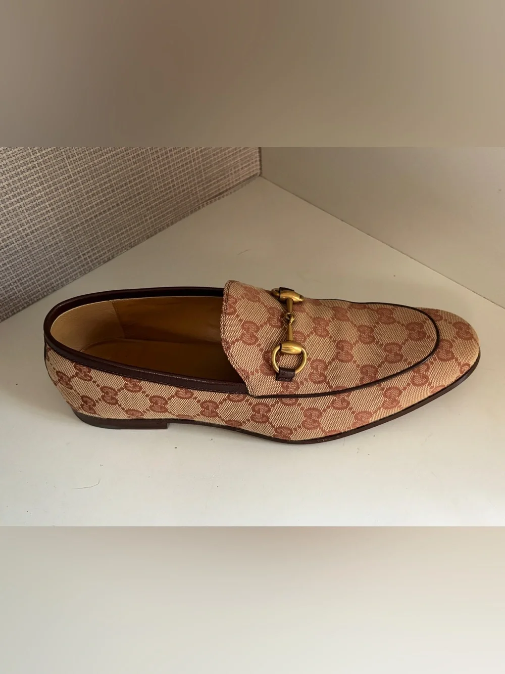 Gucci Men’s Beige/Brown GG Canvas Horsebit Loafers US 8 Authentic